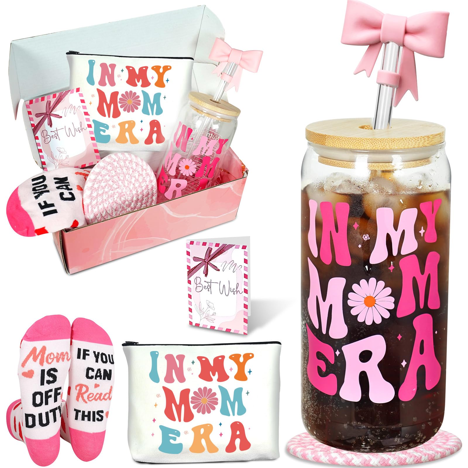 ANOTION In My Mom Era Gift Set - Birthday Gift for Mother, Iced Coffee Cups Coffee Mug with Straw, New Mom Gifts, Mothers Day, Mama Glass Tumbler