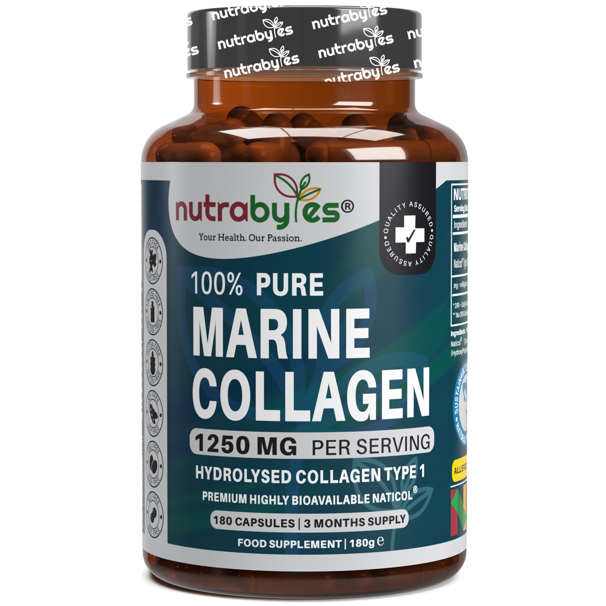 100% Pure Marine Collagen Supplement, 1,250mg (180 Capsules) | Type 1 Hydrolysed Collagen Peptides for Skin, Hair, Nails & Joints | Supplement for Men and Women | 3 Month Supply