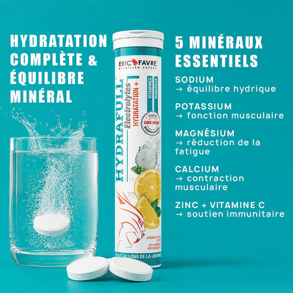 HYDRAFULL ELECTROLYTES - Hydratation et Reminéralisation Équilibrées, Sans Sucre, avec Vitamines et Minéraux Essentiels - 12 x 20 Comprimés - Saveur Citron - Eric Favre