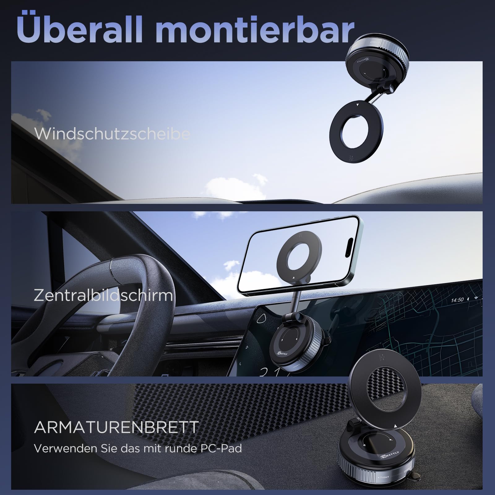 MSXTTLY Militärische Handyhalterung Auto Magnet Für MagSafe Autohalterung Magnetisch [36KG Saugnapf Vakuum 360°Drehbar 24XN55 Magnets] Halterung Auto für iPhone 17 Pro MAX 17-12 Alle Handys Vmag-S1