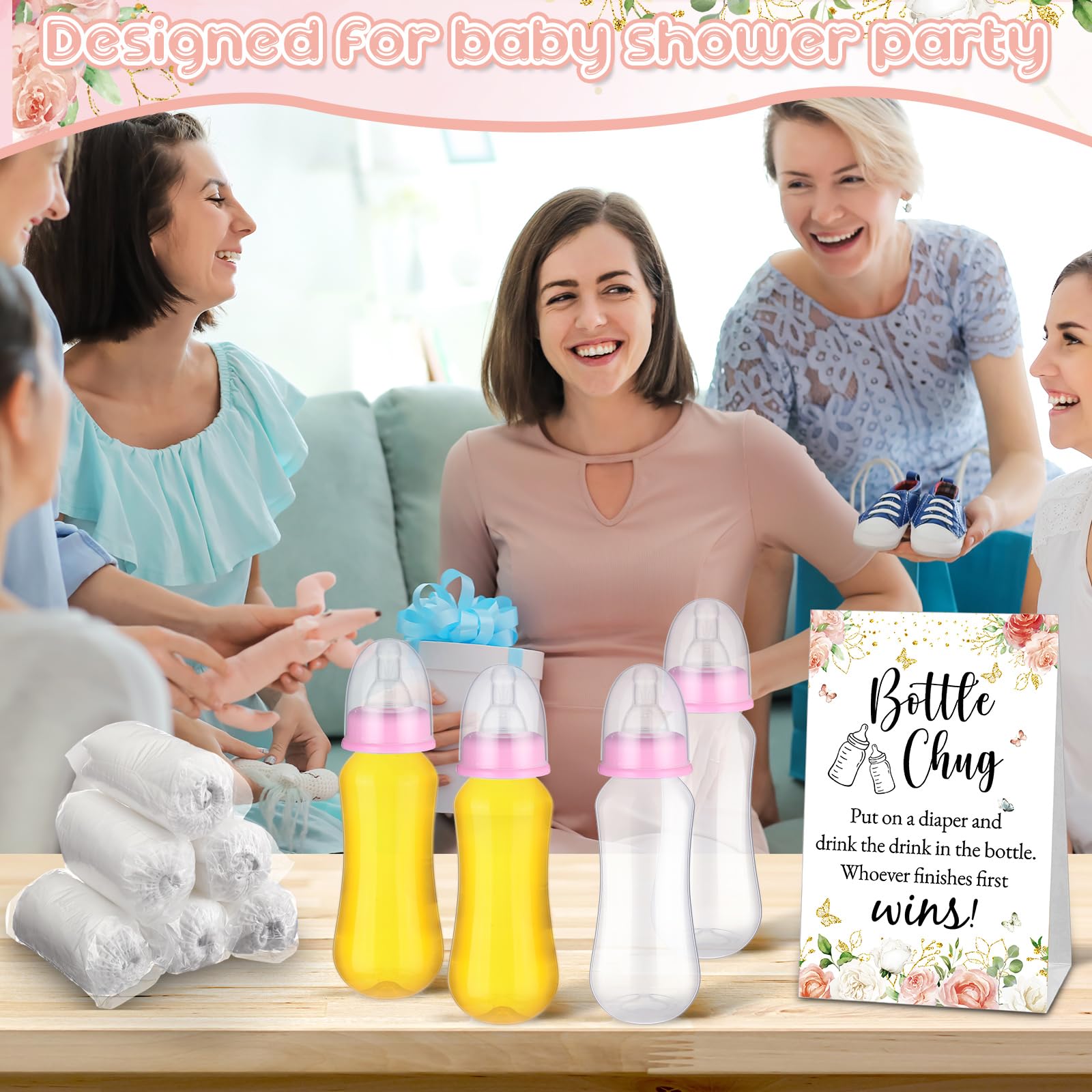 Juego de 17 piezas para baby shower, juego de regalo para el cambio de pañales, incluye 8 divertidos tragos de botellas de plástico, 8 pañales desechables y 1 letrero de juego para fiesta de