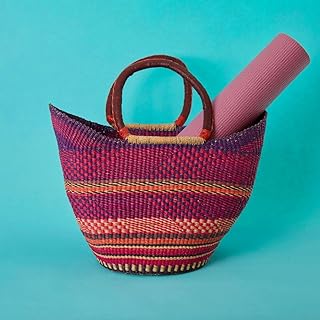 Beach Tote, Handwoven African Market Basket, Purple Pink Boho Pattern, 1...