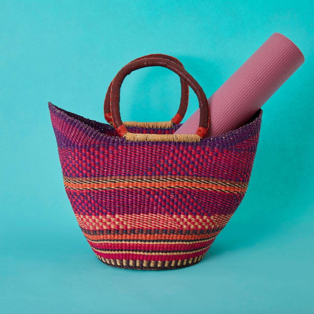 Straw Bag Tote for Beach, Picnic and Farmers Market, Purple Pink Colors, 16 Inch Wide