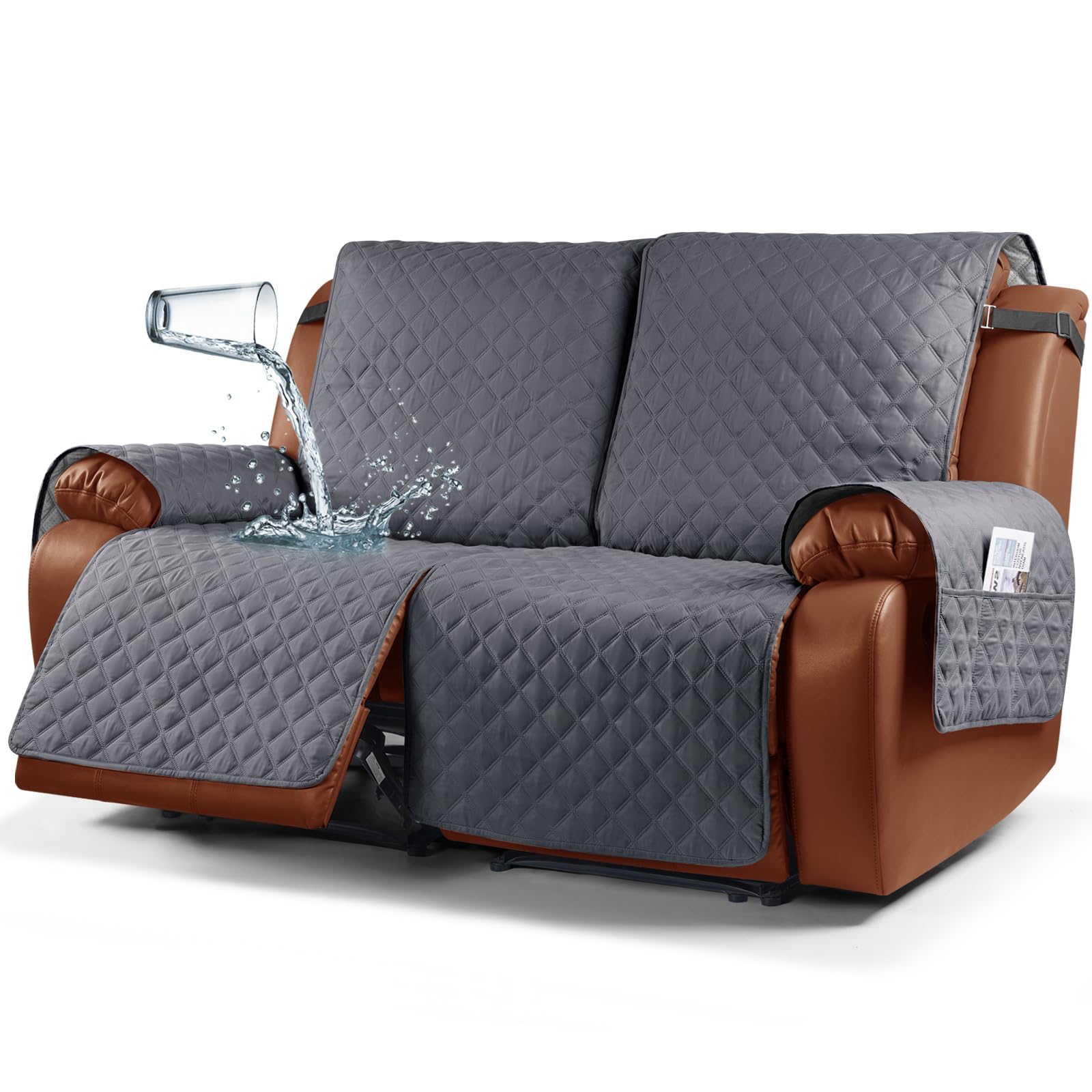 Waterproof Oversized Love Seat Recliner Cover Non-Slip Recliner Sofa Cover 1-Piece Washable Furniture Protector with Elastic Straps Pocket for Kids, Dogs, Pets (Dark Grey)