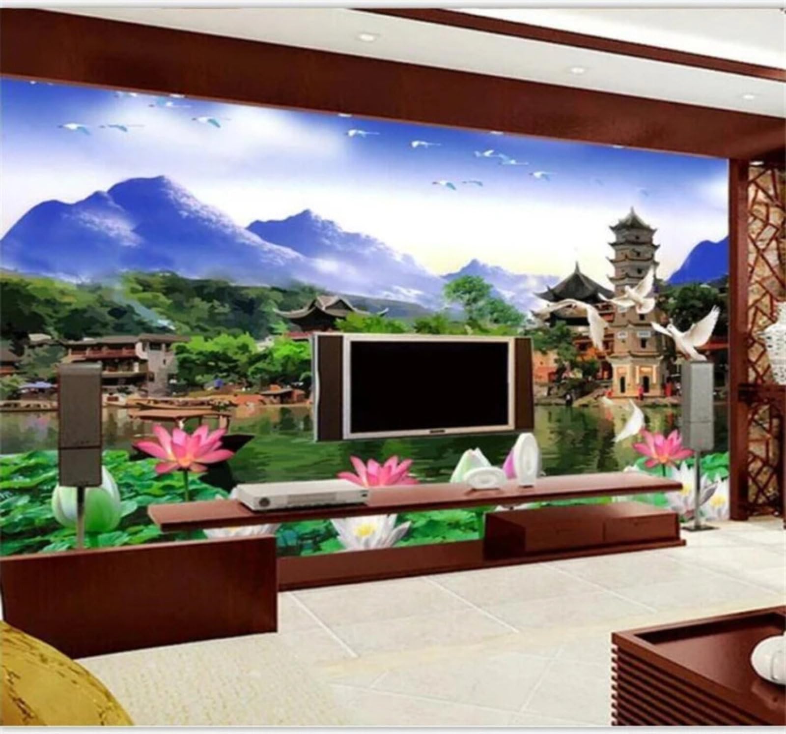 XLMING Beautiful Landscape Lotus Architecture Scenery 3D Wallpaper Luxury Silk Study Dining Feature Sofa Grey Bedroom Living Room Tv Decorative Wall-300cm×210cm