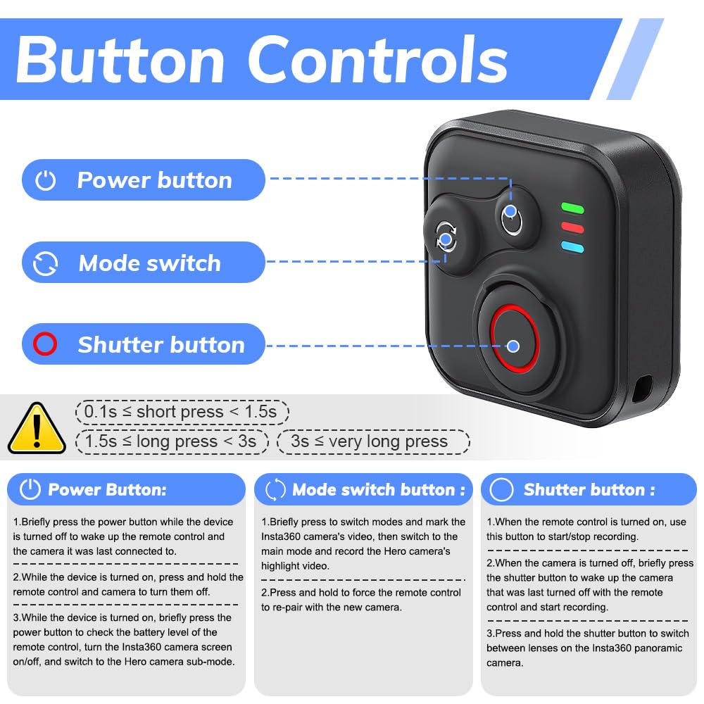 Bluetooth Fernbedienung für Insta360 X5/X4/X3/Ace Pro/Ace Pro 2/GO3S/GO3/GoPro/ONE R/RS/Hero 11/12/13/IOS/Android Smartphone, SGZIOO 50m Reichweit, 96h Ausdauer, Wasserdicht mit Handschlaufe