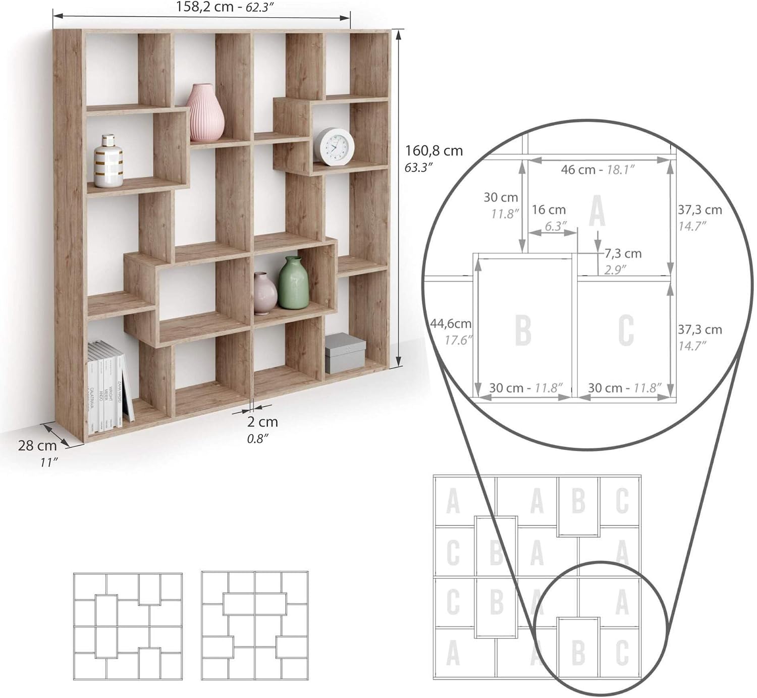 Mobili Fiver, Iacopo S Bookcase (63.31 x 62.3 in), Oak, Made in Italy