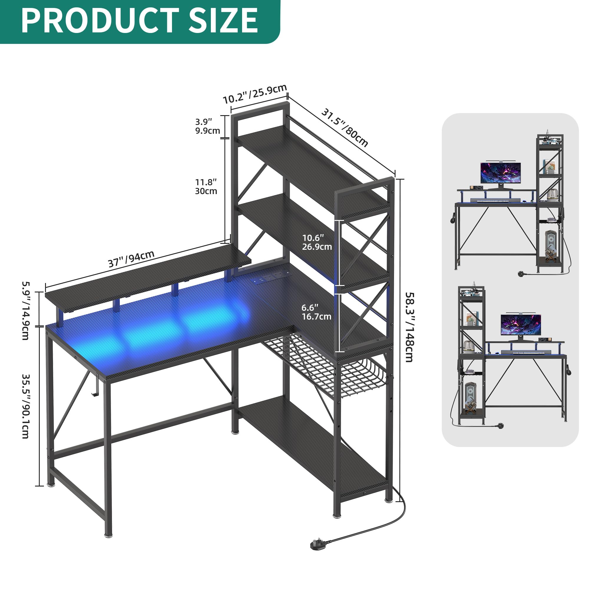 YITAHOME Escritorio esquinero para Juegos en Forma de L con Tomas de Corriente y Luces LED, Escritorio de Esquina con estantes de 120 cm, Escritorio Reversible para computadora con estantes de