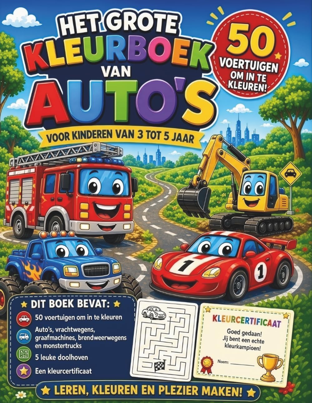 Het grote kleurboek van auto’s voor kinderen van 3 tot 5 jaar: 50 voertuigen om in te kleuren | Auto’s, vrachtwagens, graafmachines, brandweerwagens ... | Met 5 doolhoven en kleurcertificaat