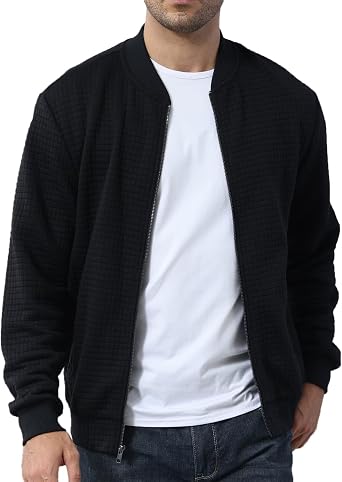 YuKaiChen Mens Lightweight Bomber Jacket Casual Plaid Jacquard Varsity Jacket Coat with Zipper Pockets