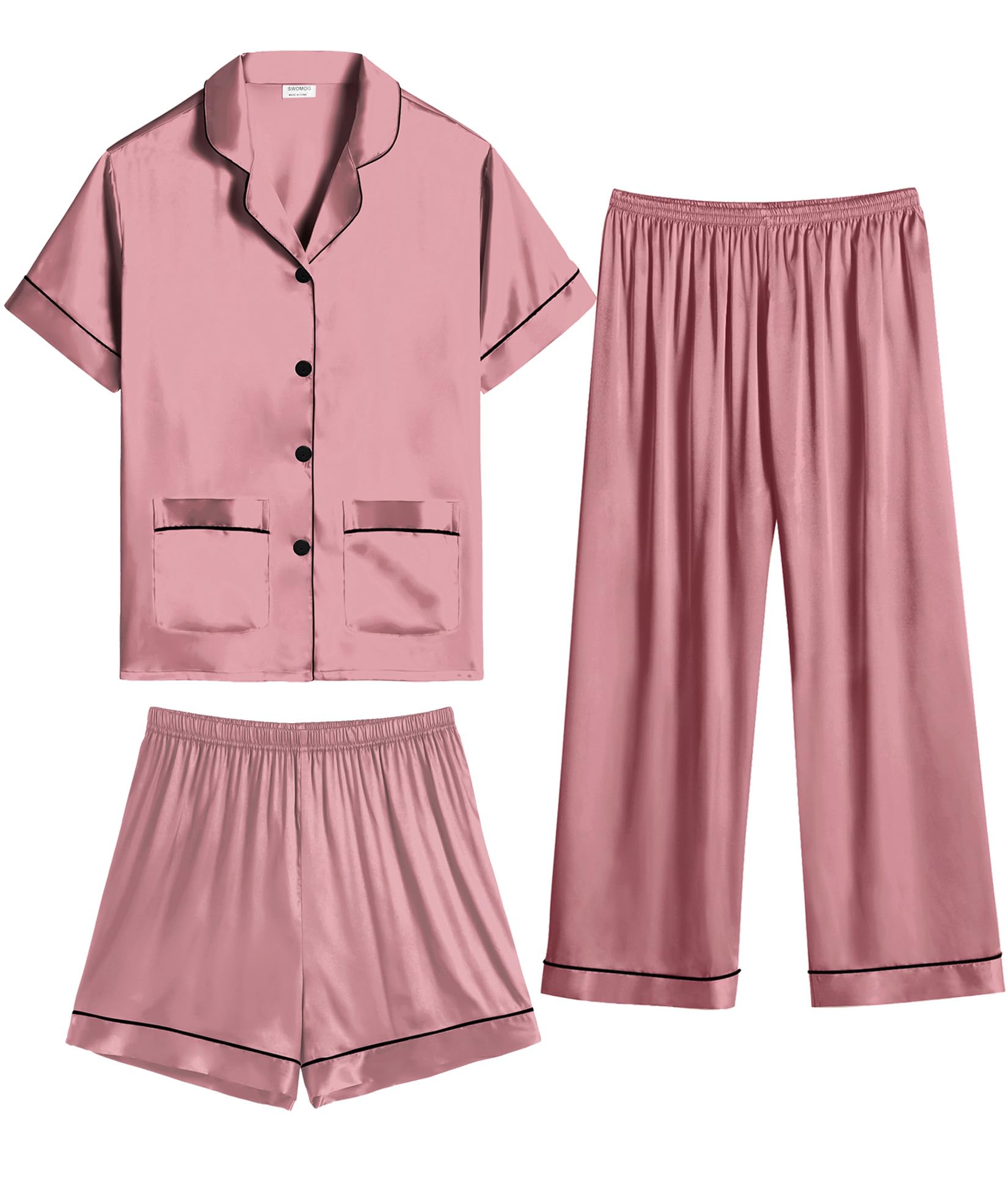 SWOMOG Girls Pajamas Silk Satin Pajama Set Short Sleeve Button Down Sleepwear Soft Cute PJs with Ruffle Shorts Loungewear