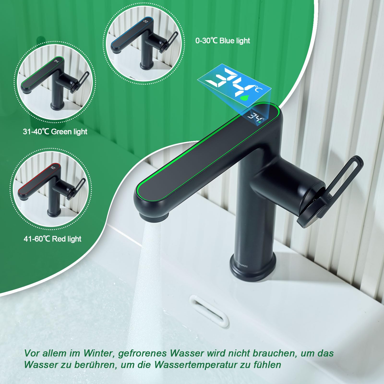 Grifo Lavabo Negro Extraible Ducha con LED Temperatura, 2 Modos Salida Agua | Mezclador de Lavabo Baño, Grifos Monomando, Apto Para Fregadero de Encimera, Aireador Extraíble, Agua Fría y Caliente,Negro