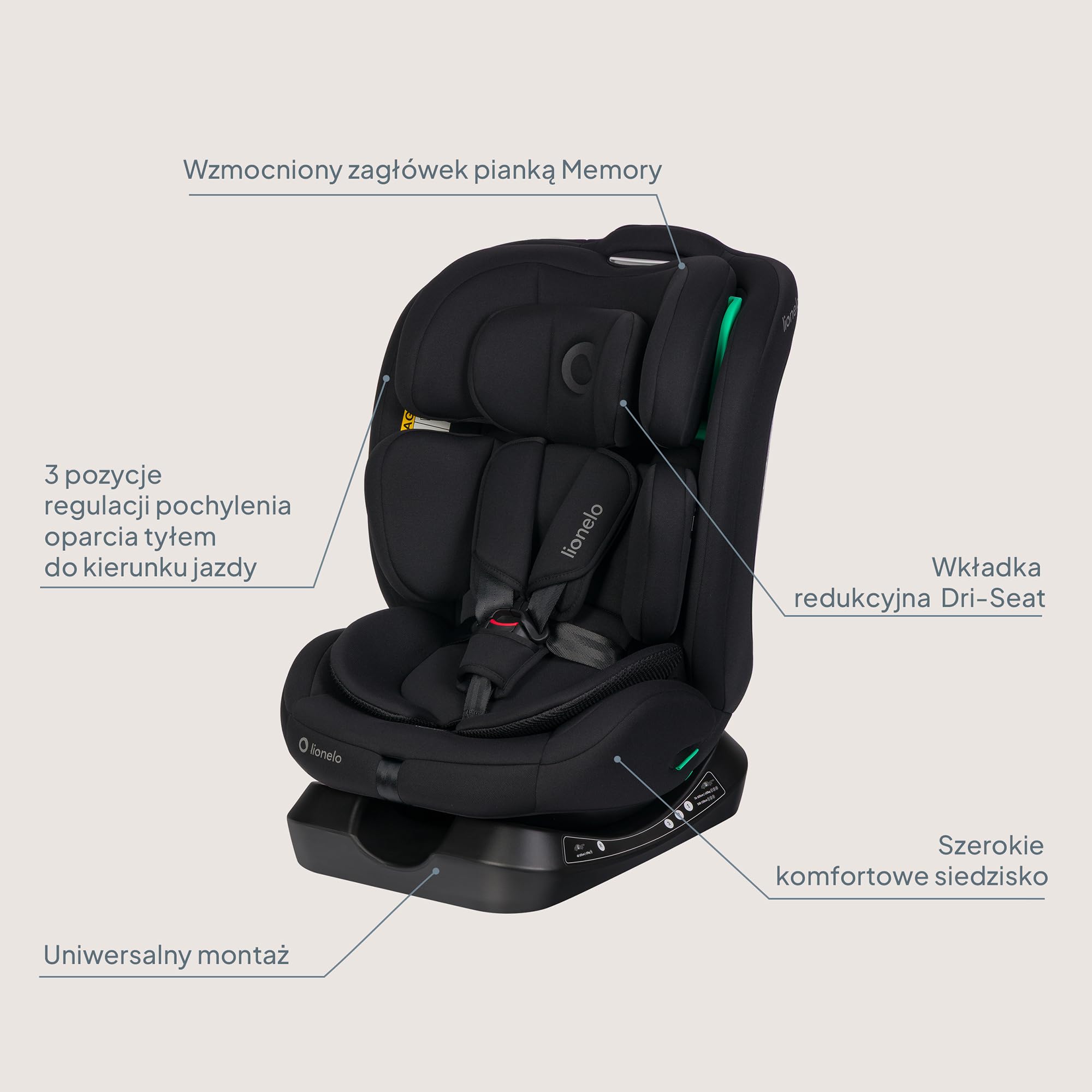 LIONELO Fotelik samochodowy dla niemowląt AART i-Size dla dzieci od urodzenia 40 do 150 cm 0-36 kg skierowany do przodu i do tyłu, uniwersalne dopasowanie, 13 poziomów regulowany zagłówek, leżący