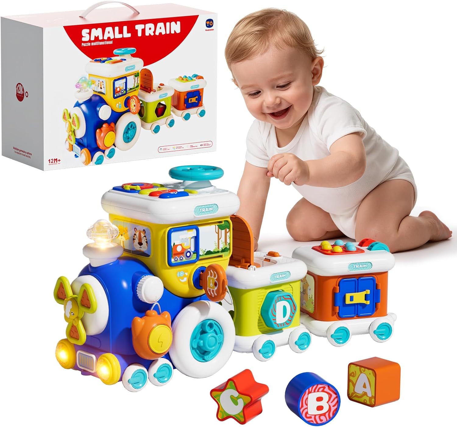 Montessori Toys for 1 Year Old Boy Girl, Musical Train Baby Toys 6-12 Months, 8 in 1 Activity Cube with Light Sound, Educational Gifts for Toddlers 1-3