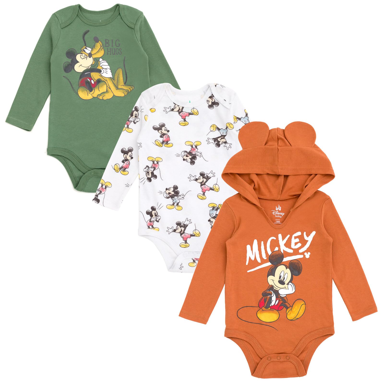 Disney Klasyczne body dla niemowląt Myszka Miki Kubuś Puchatek Minnie 3-pak noworodka i niemowląt (noworodek - 24 miesiące), zielony/biały/spalony pomarańczowy, noworodek, zielony/biały / spalony