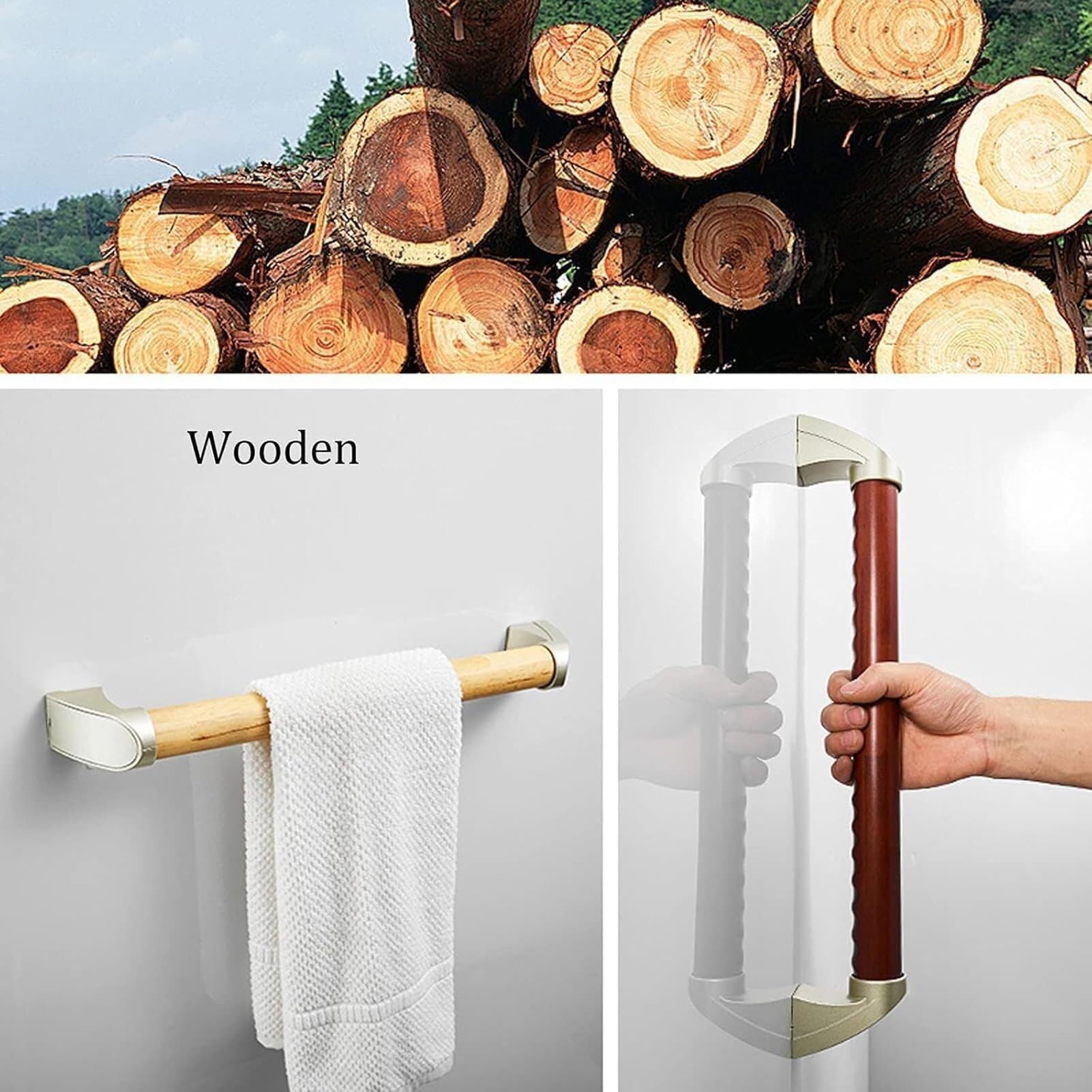 Holz Haltegriff 30 cm Sicherheitsgriff für Bad und Dusche Wandmontage | Stützgriff für Senioren und Menschen mit Behinderung Treppengeländer Handlauf Badezimmer Barrierefrei WC Griffleiste Küchenh