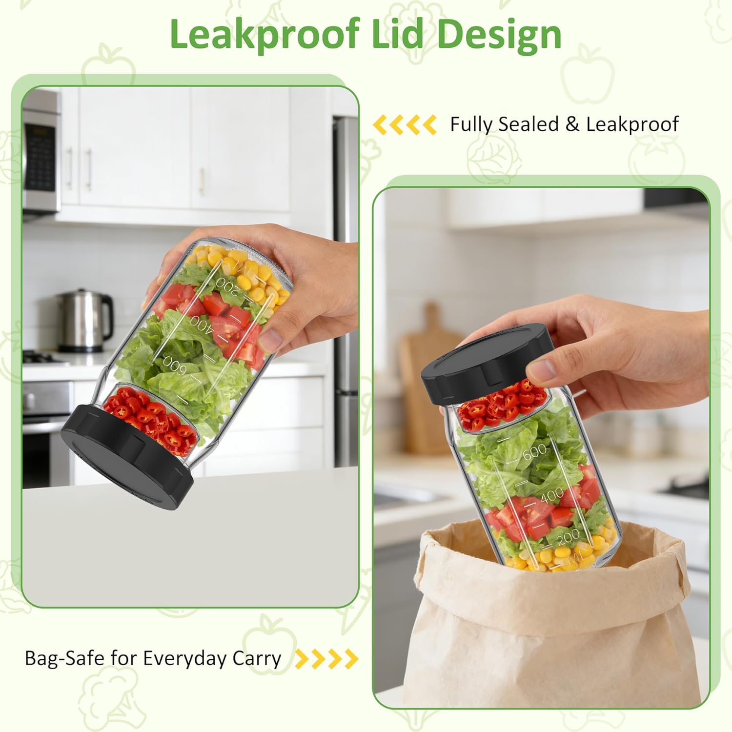 4Pack Glass Salad Jars with Lids, 32oz Salads Mason Jars with Wet/Dry Separation Cup, Meal Prep Salad Containers for Lunch, Leakproof Wide Mouth Food Storage Containers, BPA-Free Reusable (Black) - Image 5