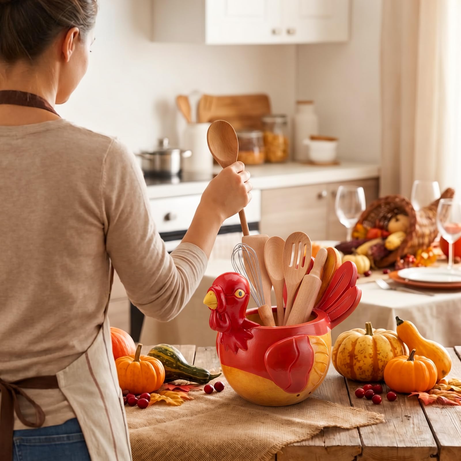 Hushee Portautensili autunnale blu e bianco a forma di zucca in stile cineserie con volute, per raccolto autunnale, Ringraziamento, casa, cucina, piano di lavoro, contenitore portaoggetti (tacchino
