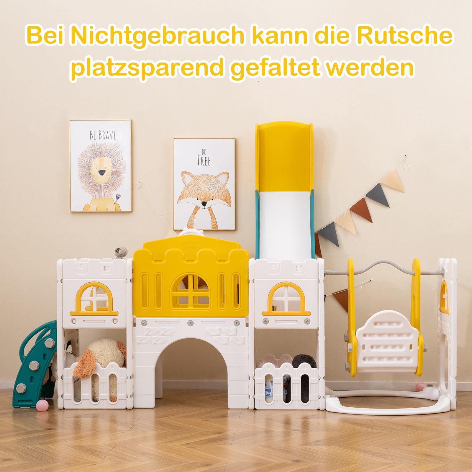 COSTWAY Kinder Rutsche mit Klettergerüst & Schaukel, Rutschenset mit Schaukel Basketballkorb Teleskop Lenkrad, Montessori Indoor-Spielplatz für Kinder ab 1 Jahr (Grün + Gelb)