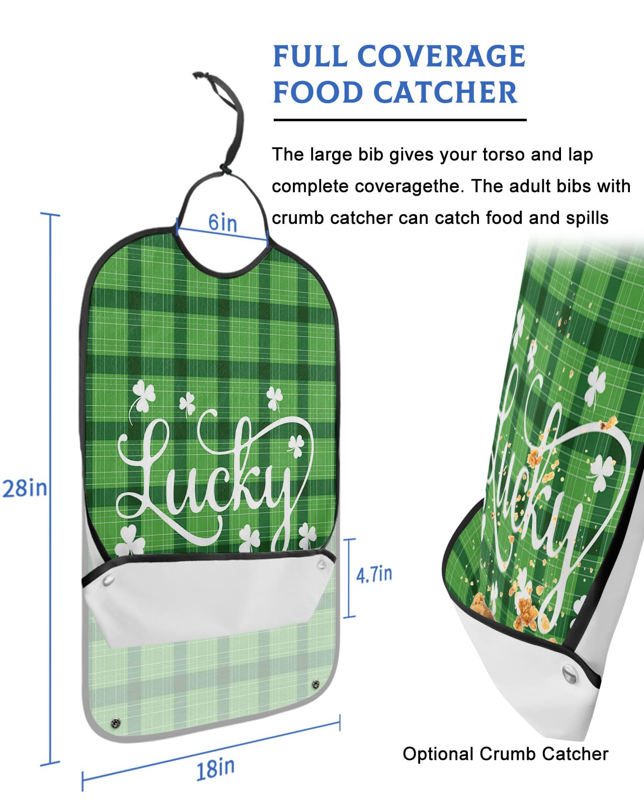 St. Patrick's Day Adult Bibs for Eating, Waterproof Bibs with Food Catcher & Adjustable Snap Closure, Green Black Buffalo Plaid Lucky Clover Clothing Protectors Adult Bibs for Elderly Women/Men