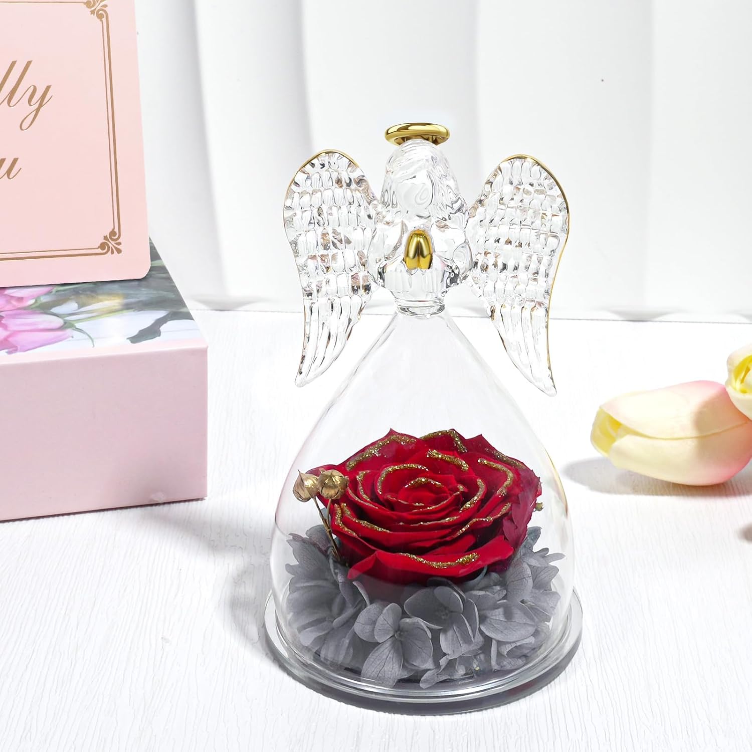 Yamonic Mom Birthday Gifts for Moms, Angel Figurines with Real Rose Gifts for Her Mother Grandma, Preserved Flowers Rose Angel Figurines for Mothers Day Christmas Birthday Gifts for Women(Redgold) - Image 9