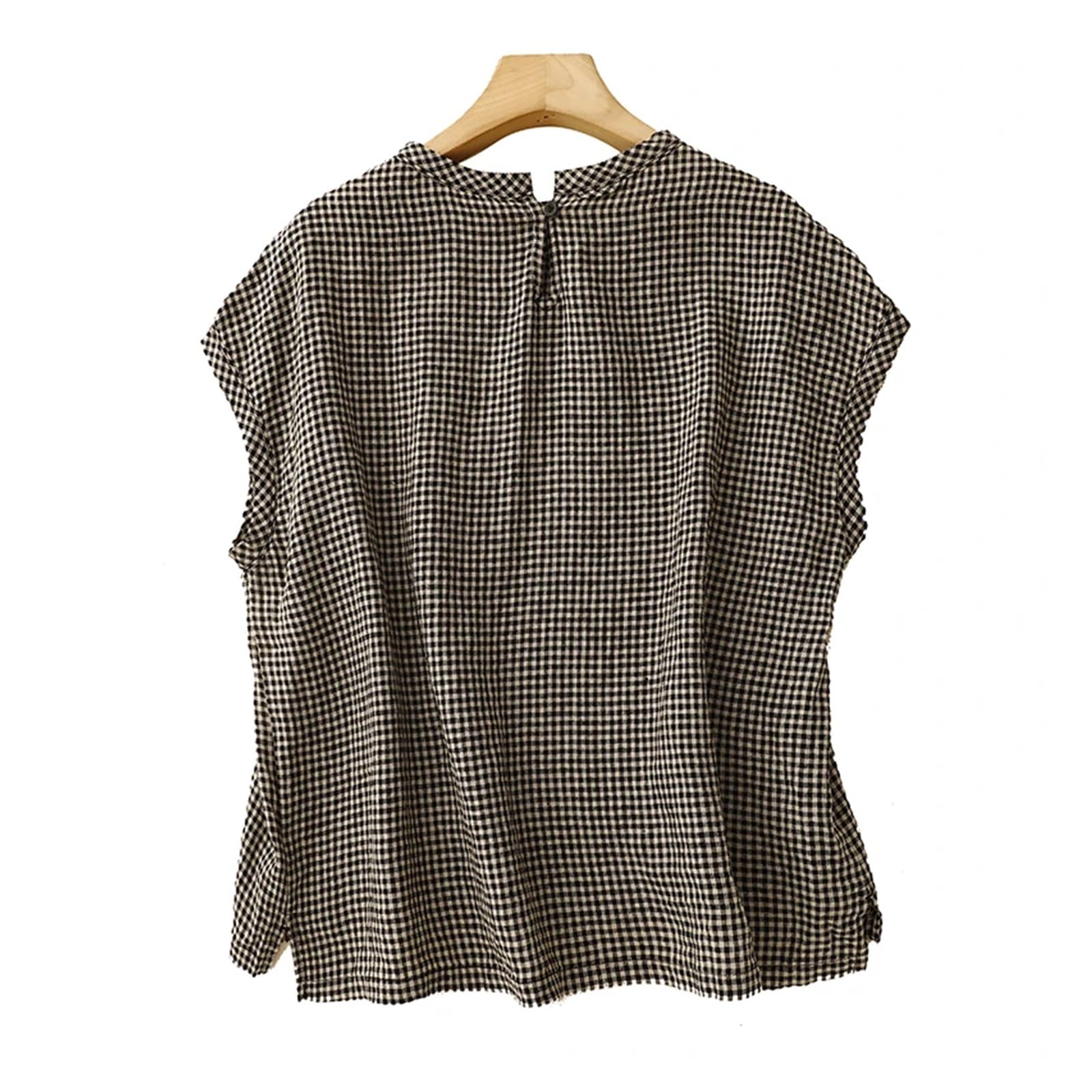 Camisa Lino Mujer Blusa de Lino a Cuadros Verano, Estilo literario Retro, Elegante, Universitario, Cuello Redondo, sin Mangas, Informal