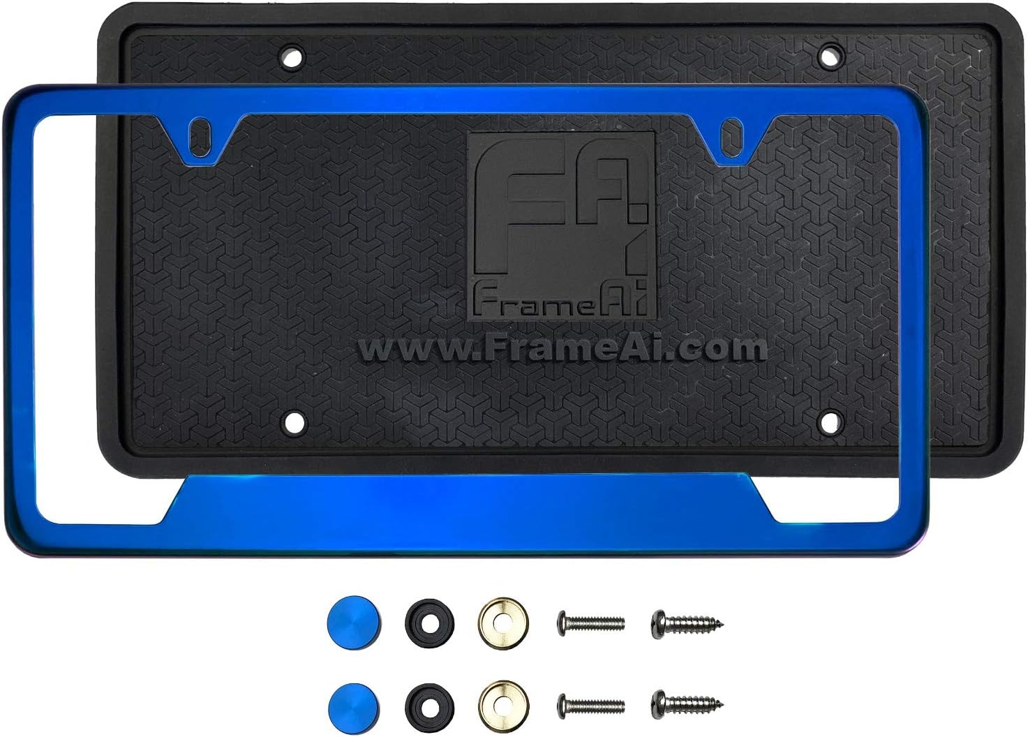 Silicone Back Guard Bottom Cut Out License Plate Holder Blue Chrome Mirror License Plate Frame T304 Stainless Steel + Metal Screw Caps