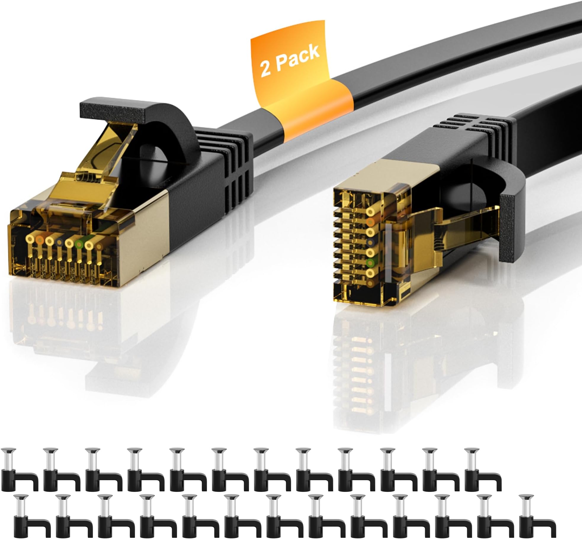 Cat 7 Ethernet Cable 2-Pack 2 FT, Cat7 Flat High Speed 10Gbps 600MHz Shielded Internet Network Patch Black Cord, Ultra Slim RJ45 LAN Cable, for PS5, Modem, Router, LAN, Computer with 25 Cable Clips