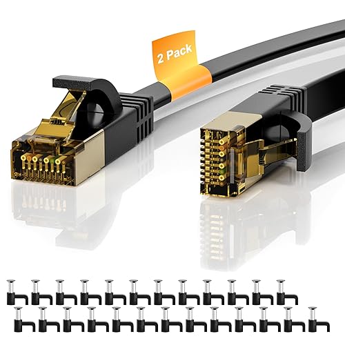 Cable Ethernet Cat 7, paquete de 2 unidades de 20 pies, Cat7 plano de alta velocidad 10Gbps 600 MHz blindado de red de Internet cable negro, cable