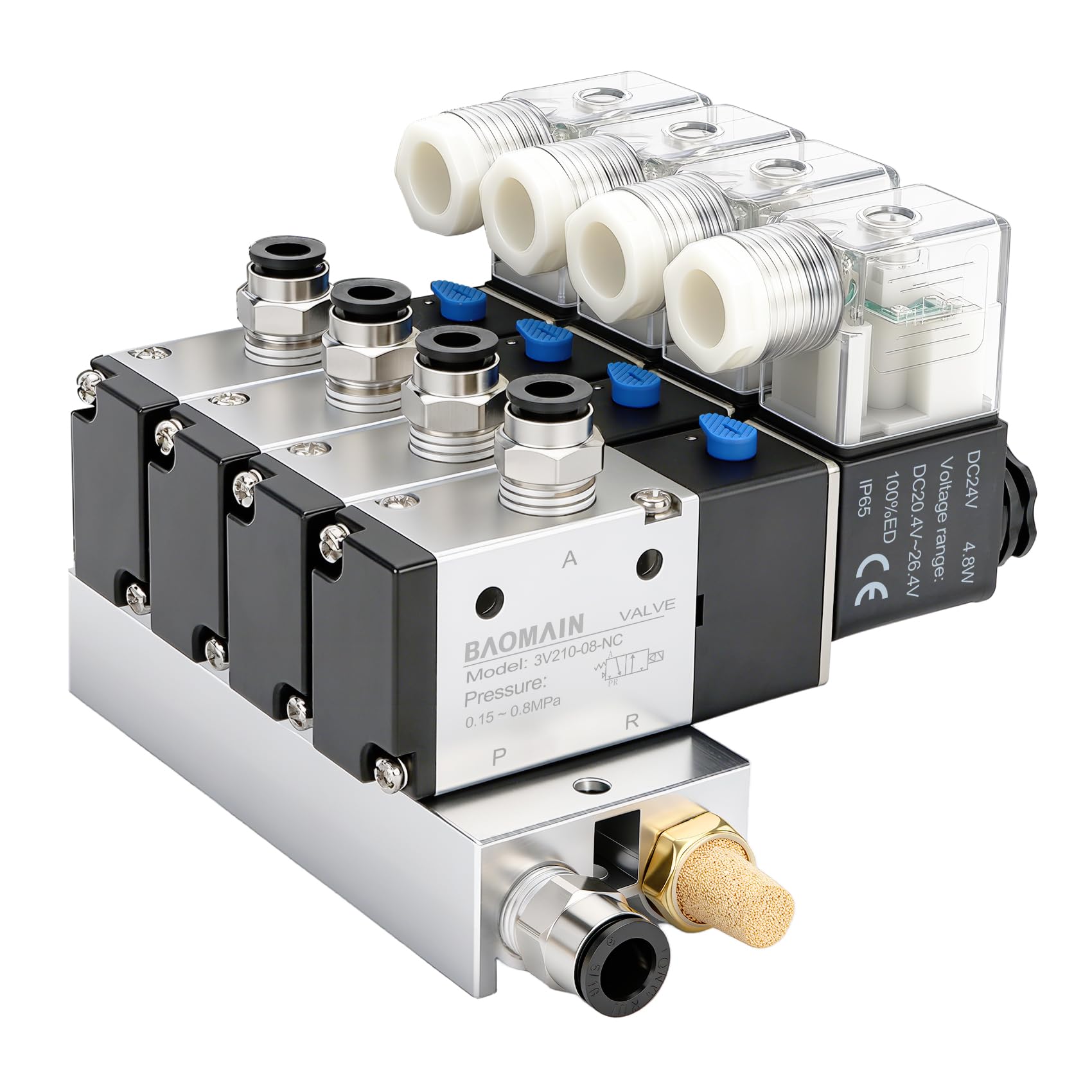 Baomain Elettrovalvola pneumatica a 4 spazi 3V210-08 24VDC PT1/4 2 Posizione 3 Vie con Base Silenziatore Rapido Montaggi Set