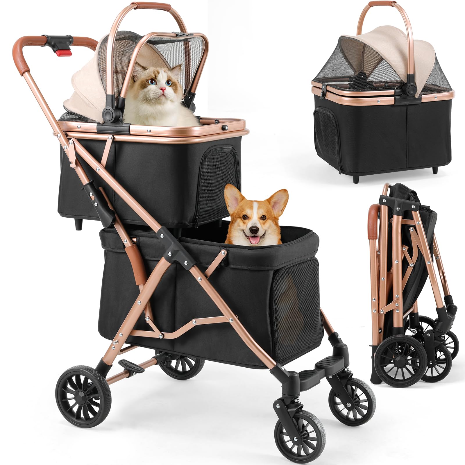 MAMIZO Cochecito para Mascotas 2 Niveles, Plegable Carrito para Mascotas de Hasta 15 kg, Carrito de 2 Niveles para Perros Gatos con Ventanas de Malla Portavasos y 4 PCS Ruedas PU, Negro