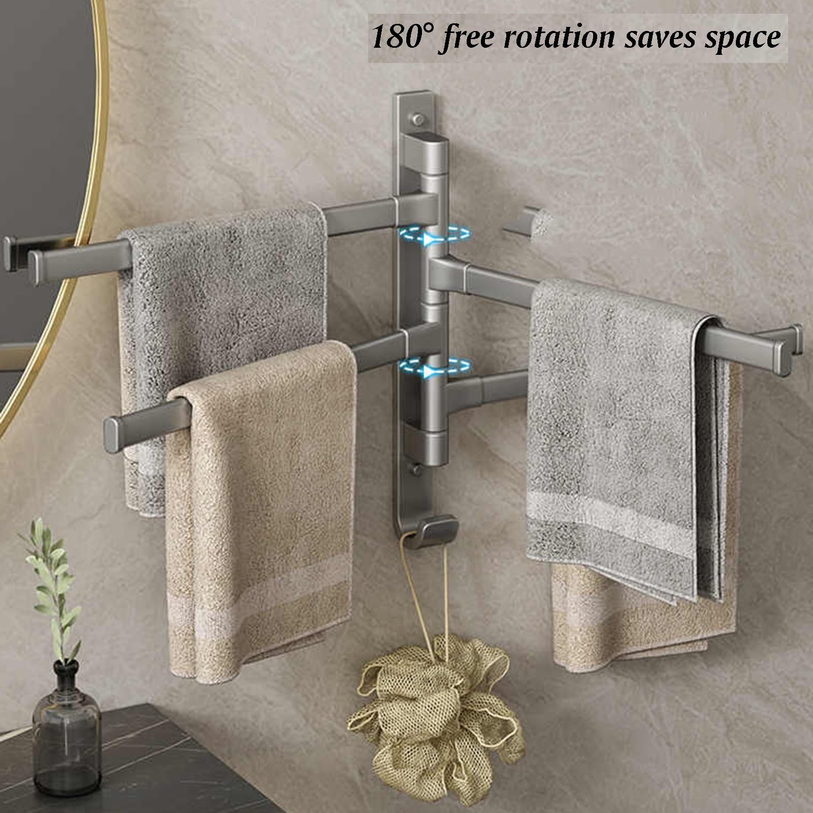Portasciugamani da parete, mensola porta asciugamani per bagno, realizzato in alluminio spaziale, asta girevole a 180°, per soggiorno e balcone (2 aste)