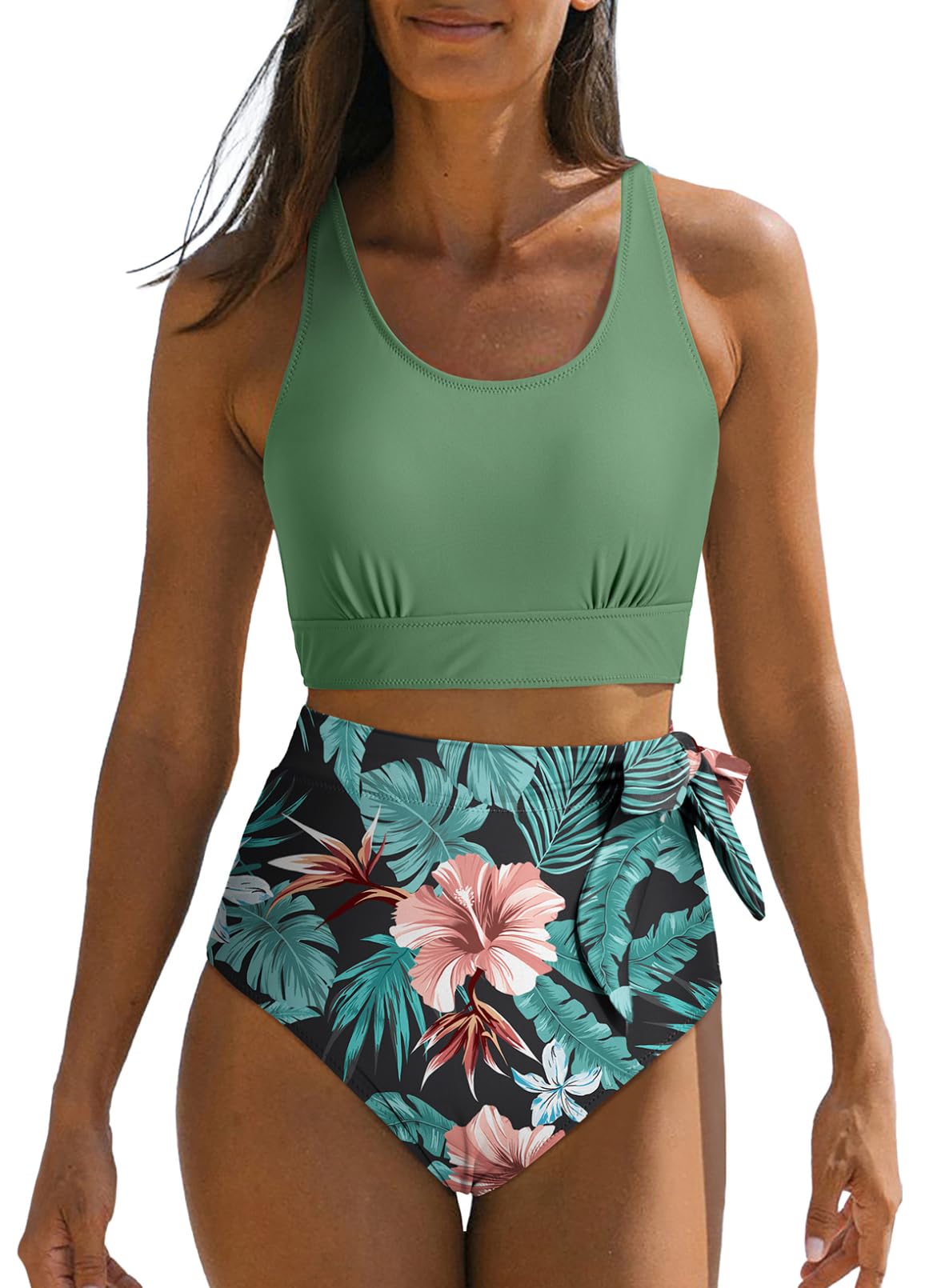 Dokotoo Womens 2 Piece Swimsuit Scoop Neck Sleeveless 2025 Racerback Top Tummy Control Tie Knot Bathing Suits Floral Bottoms