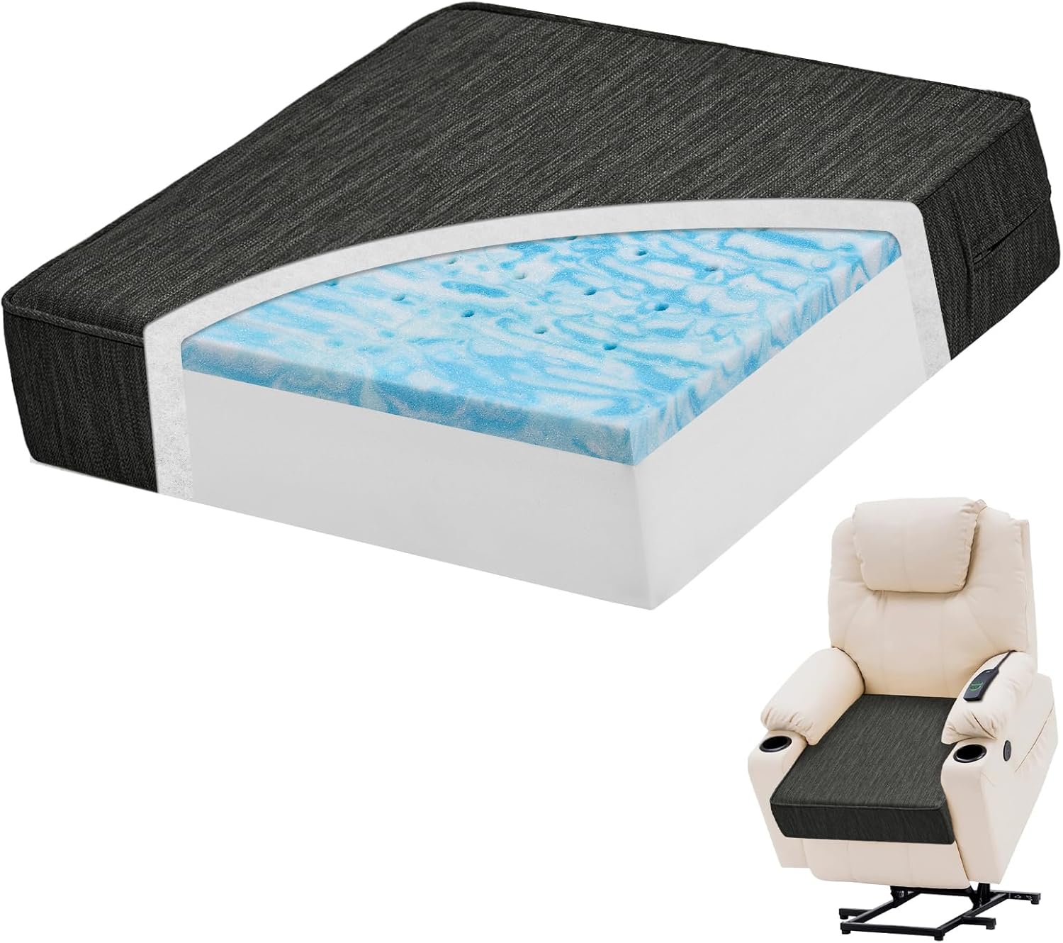 baibu Extra Large Dual-Layer Gel Memory Foam Recliner Cushions for Elderly, 20x20x5 Inch Thick Non-Slip Recliner Seat Cushion Suitable for Couch for Easy to Stand Up & Reduce Hip & Lumbar Pain, Black