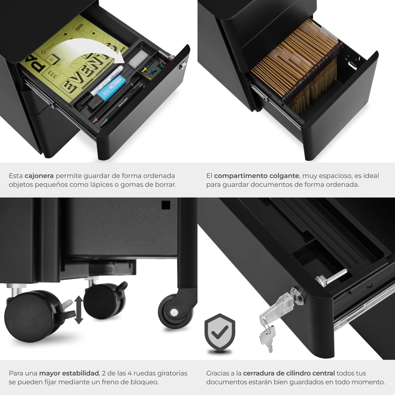 tectake® Archivador Rodante de Acero, Cajonera Escritorio con Ruedas, Dos Cajones DIN-A4, Archivador Colgante, Cerradura, Rieles Telescópicos, Oficina, Muebles, Cajonera Oficina - 59,5x50x30cm Negro