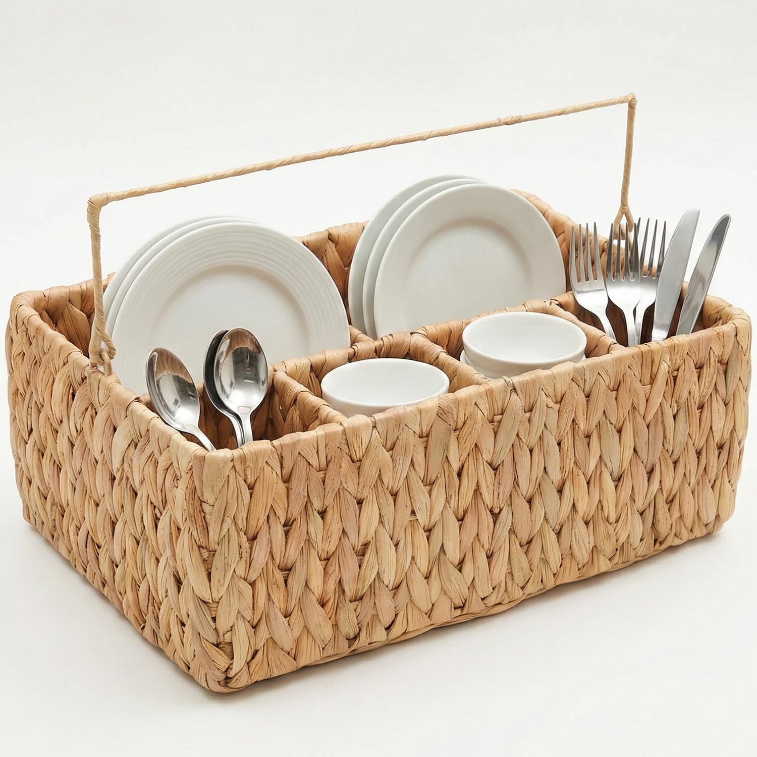 Water Hyacinth Woven Storage Basket with 5 Compartments – Divided Wicker Organizer Tray with Thin Foldable Handle for Kitchen Countertop, Bathroom, Office Desk, Dining Caddy. Natural Chunky Weave