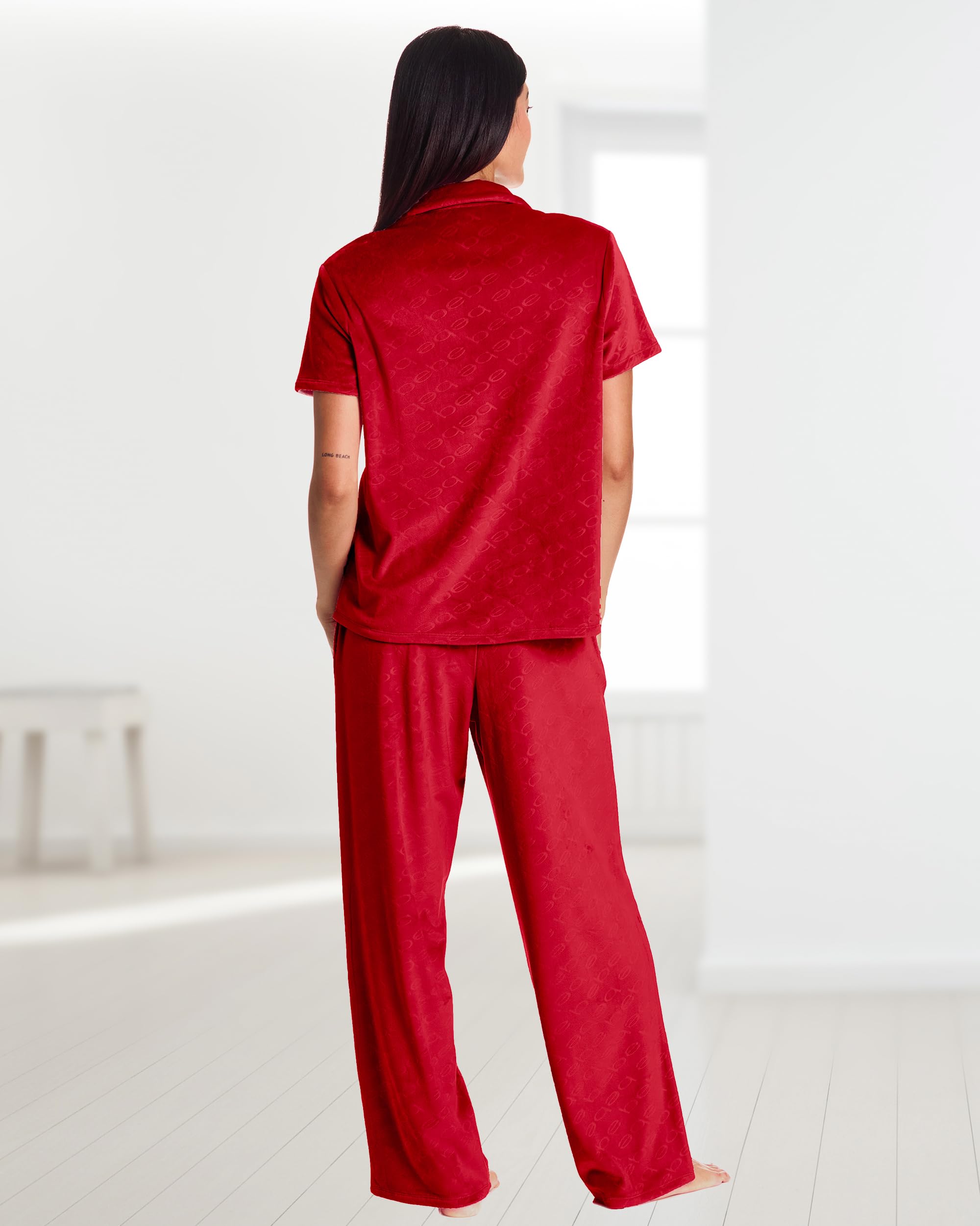 bebe Soft Velour Pajamas for Women, Red PJs for Women Set, Velour Set for Lounge and Sleep (Crimson, Large)