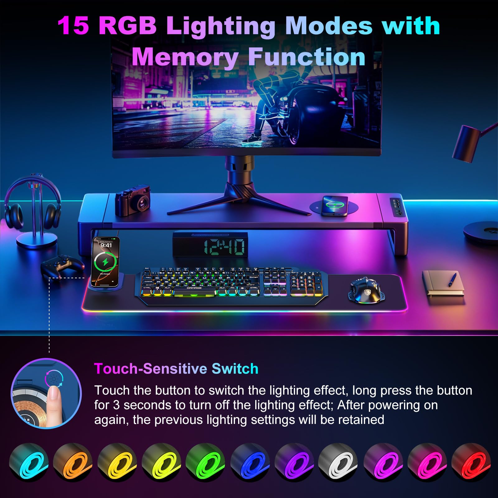 besky Tappetino per mouse da gioco RGB con supporto pieghevole per telefono, stazione di ricarica magnetica 3 in 1, grande tappetino da scrivania, superficie impermeabile, base in gomma antiscivolo