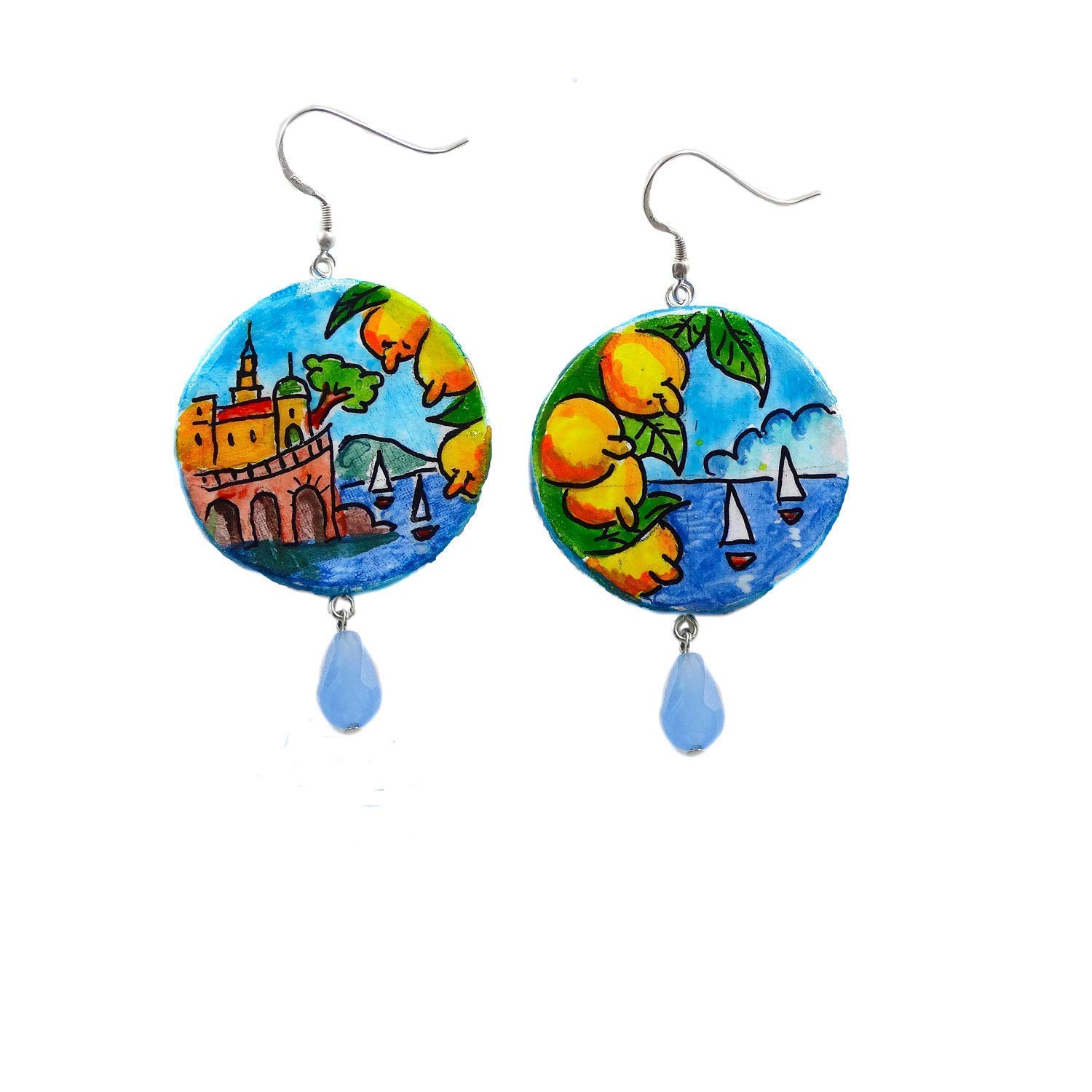 Boucles d'oreilles en céramique peintes à la main - AMALFI EN CÉRAMIQUE - Boucles d'oreilles pendantes pour femme, Bijoux en céramique peinte, Crochet en argent, Fabriqué en Italie, Bijoux, Artisanat