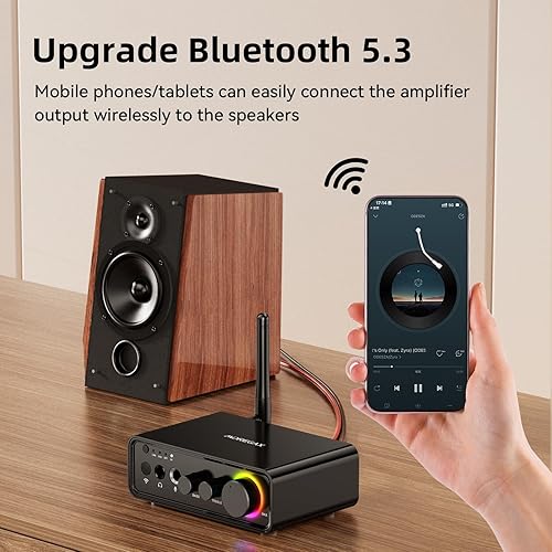 Miniatura 5 de M19 BT Amplificador Receptor Estéreo, Bluetooth 5.3 Mini Amplificador 2 Canales 100W x2 Amplificador HiFi Clase D con RCAÓpticaCoaxialMic Entrada y