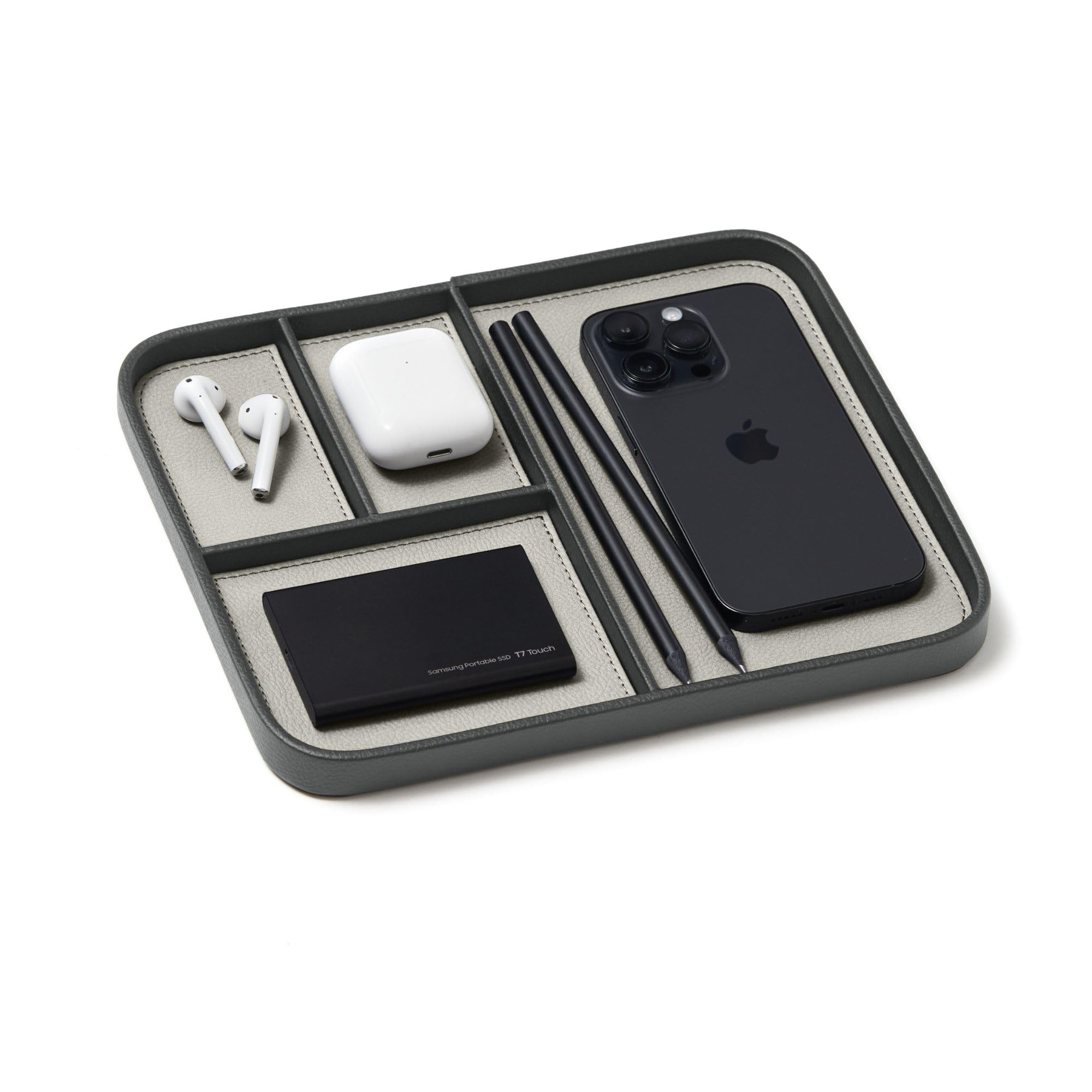 Nordik Leather Valet Tray - Sahara Gray - 9.5 x 7.9 Inch Medium Vegan Leather Tray - Stylish Nightstand Organizer for Men - Modern Bedside Caddy - EDC Catchall for Key Watch Wallet Jewellery