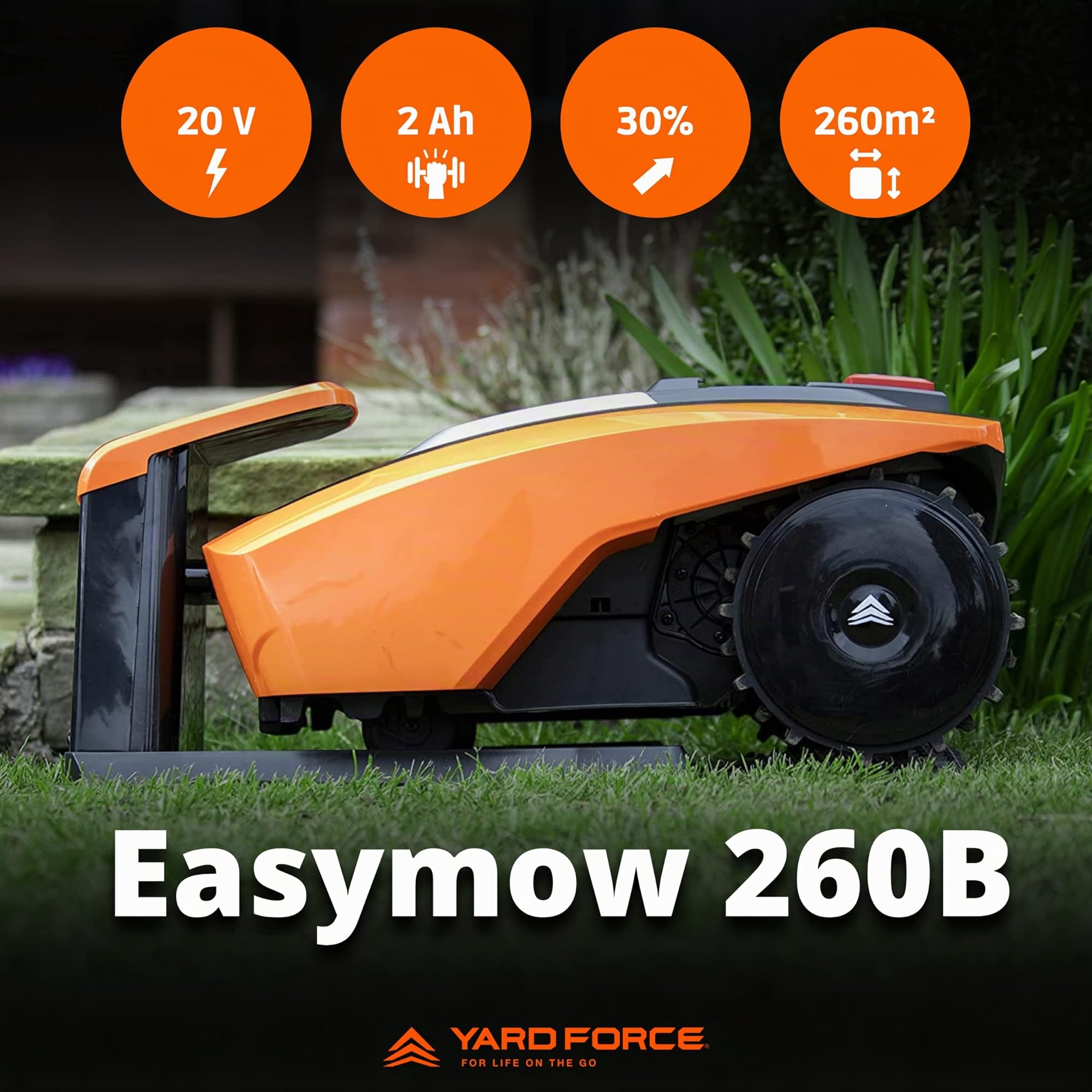 YARD FORCE EasyMow 260B Robot tosaerba fino a 260 mq, robot tosaerba a guida autonoma, facile da usare, controllo Bluetooth e app, fino a pendenze 30%, batteria agli ioni di litio da 20 V/2,0 Ah