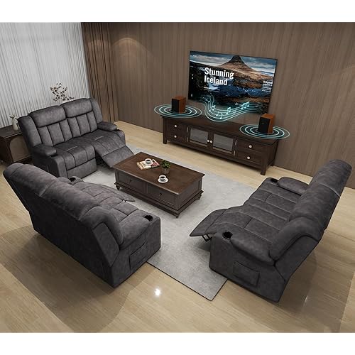 COMHOMA Loveseat Recliner Sofa,Fabric Home Theater Seating Seats,RV Manual Reclining Chair with Bluetooth Speakers,Living Room Furniture Set