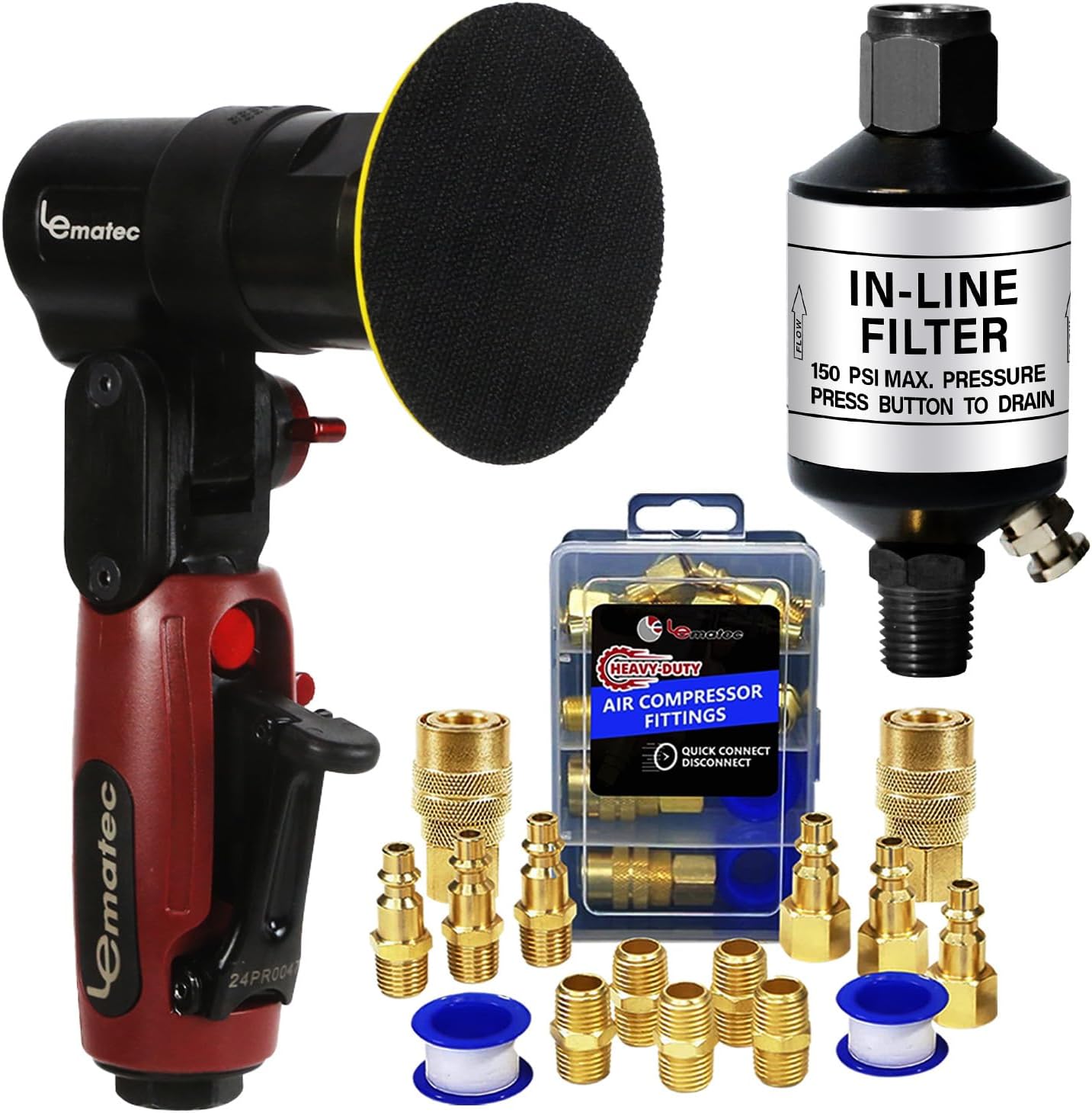 Air Sander Polisher Kit w/ Fittings & Moisture Filter – LE LEMATEC (LE-G2082PR, LE-CU15K, AI303)