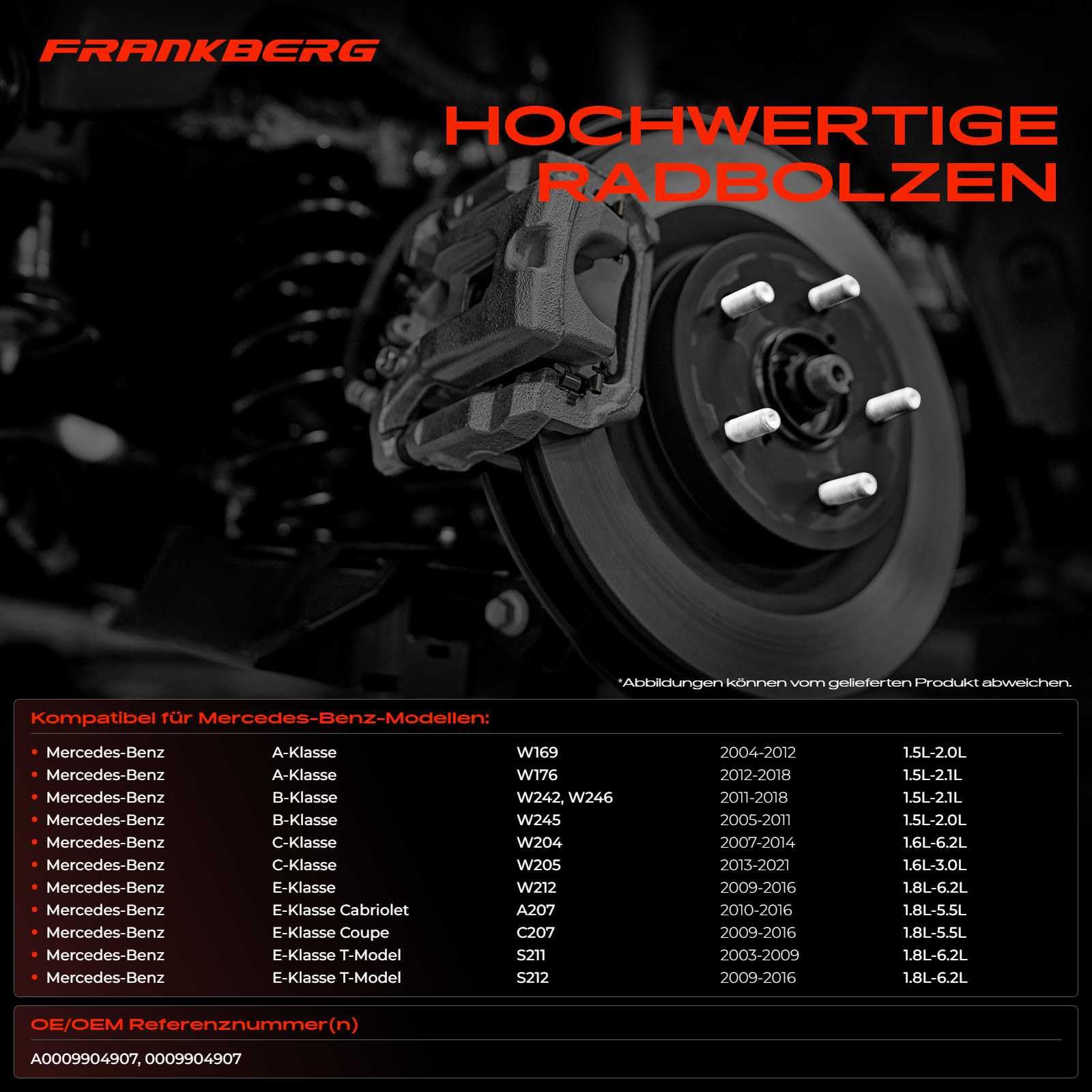 Frankberg 20x Radbolzen Radschraube Kompatibel mit A,B,C,E,M,S,R,GL,GLA,GLK-Klasse CLA CLK CLS 1998-2019 0009904907