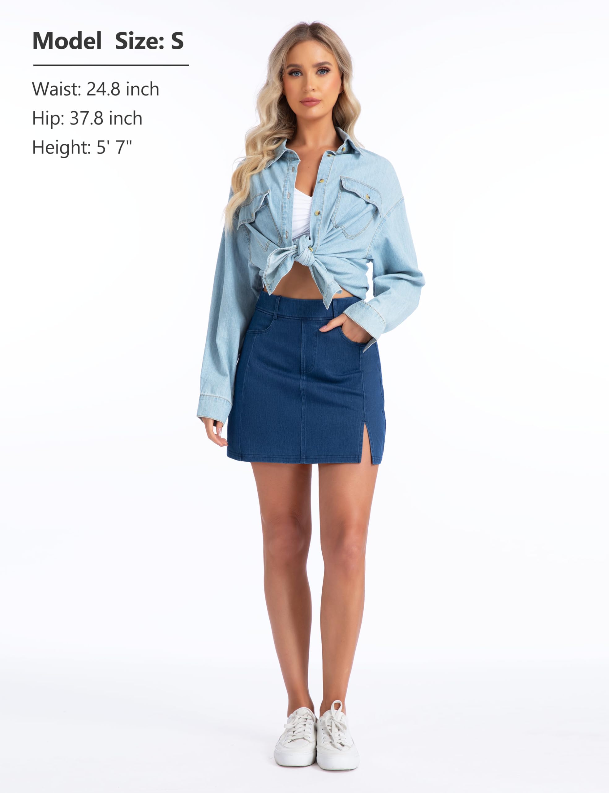 THE GYM PEOPLE Dehnbare Jeans-Skorts für Damen, schmale Passform, seitlicher Schlitz, lässiger Jeansrock mit Taschen