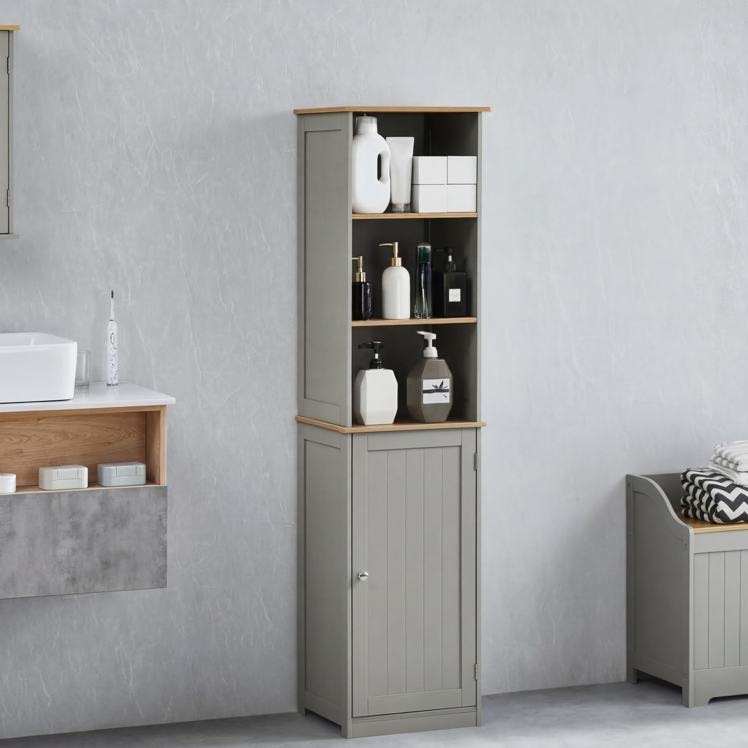 Bath Vida Priano Bathroom Cabinet Storage Cupboard Floor Standing Tallboy Unit, Grey & Oak