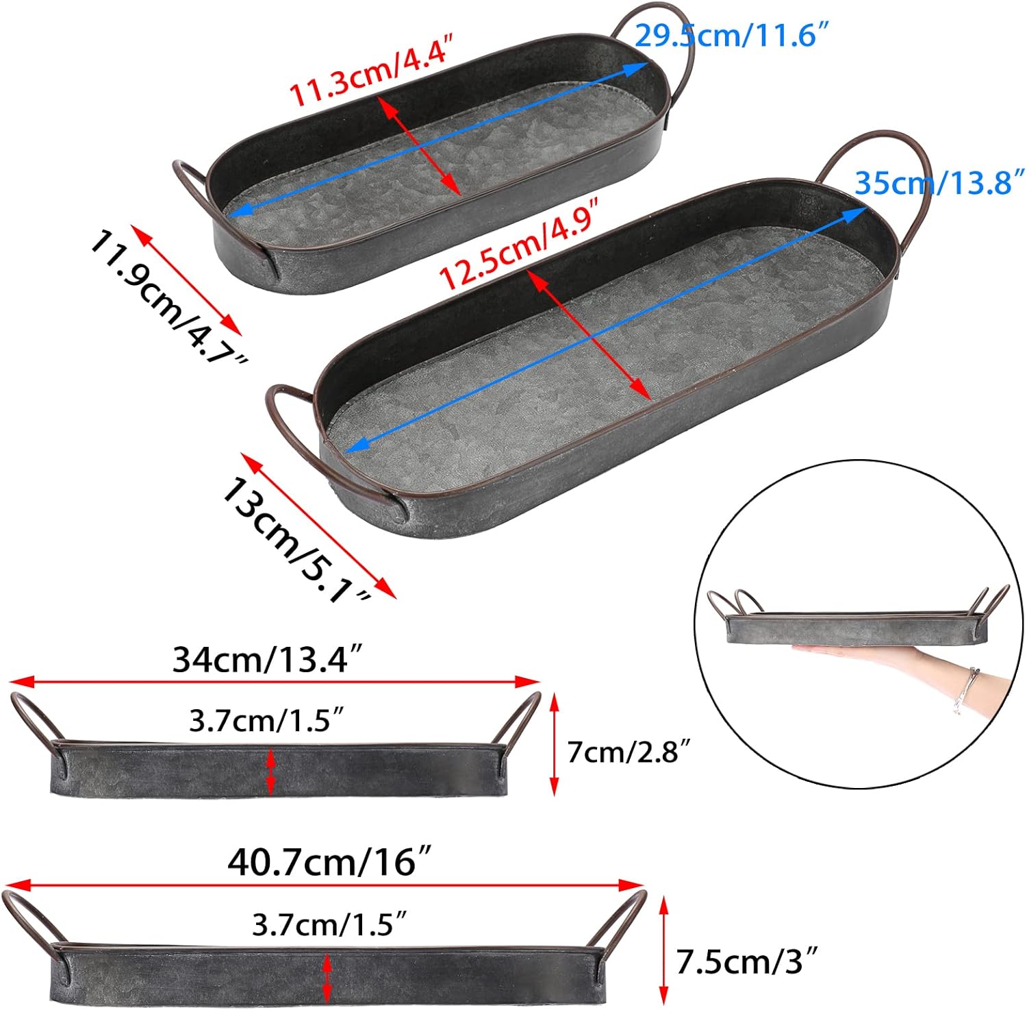 Hipiwe Set of 2 Galvanized Metal Iron Tray with Handles Oval Farmhouse Serving Tray Rustic Industrial Decorative Tray Centerpiece Tray for Coffee Table Weddings Home Decor - Image 6
