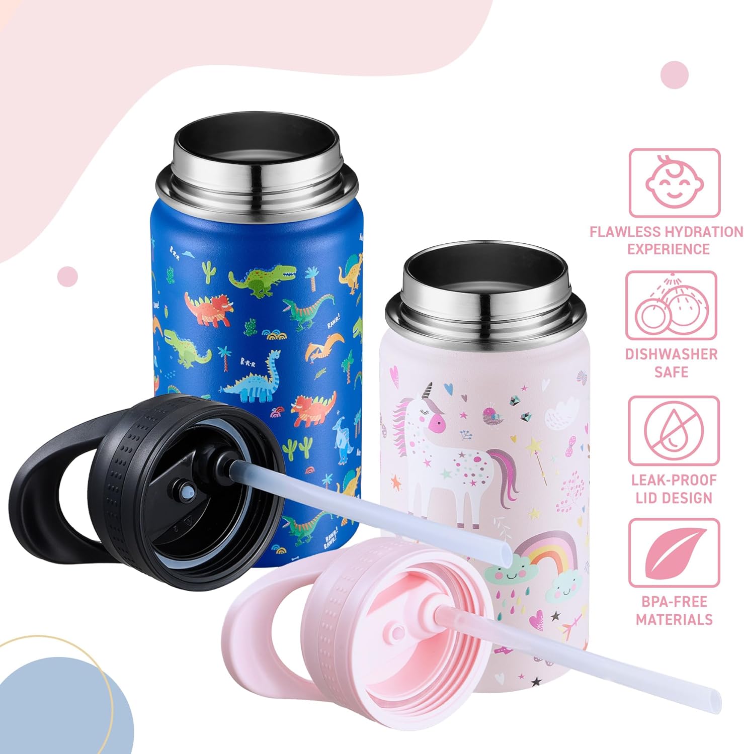 2 Pack Kids Water Bottle,14 Oz Stainless Steel Water Bottle with Straws, Leak-Proof, BPA-Free, Insulated Water Bottles for School Boys & Girls|Blue Dinosaur + Pink Unicorn