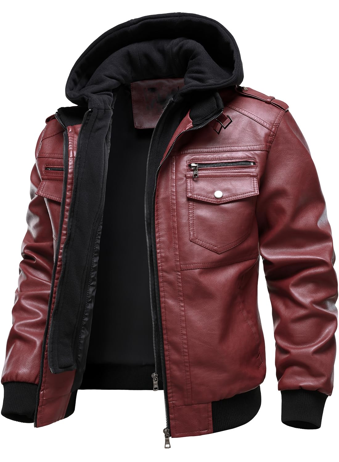 HOOD CREW Chaqueta con capucha de piel sintética para hombre, repelente al agua, resistente al viento, de poliuretano, estilo bomber, estilo vintage
